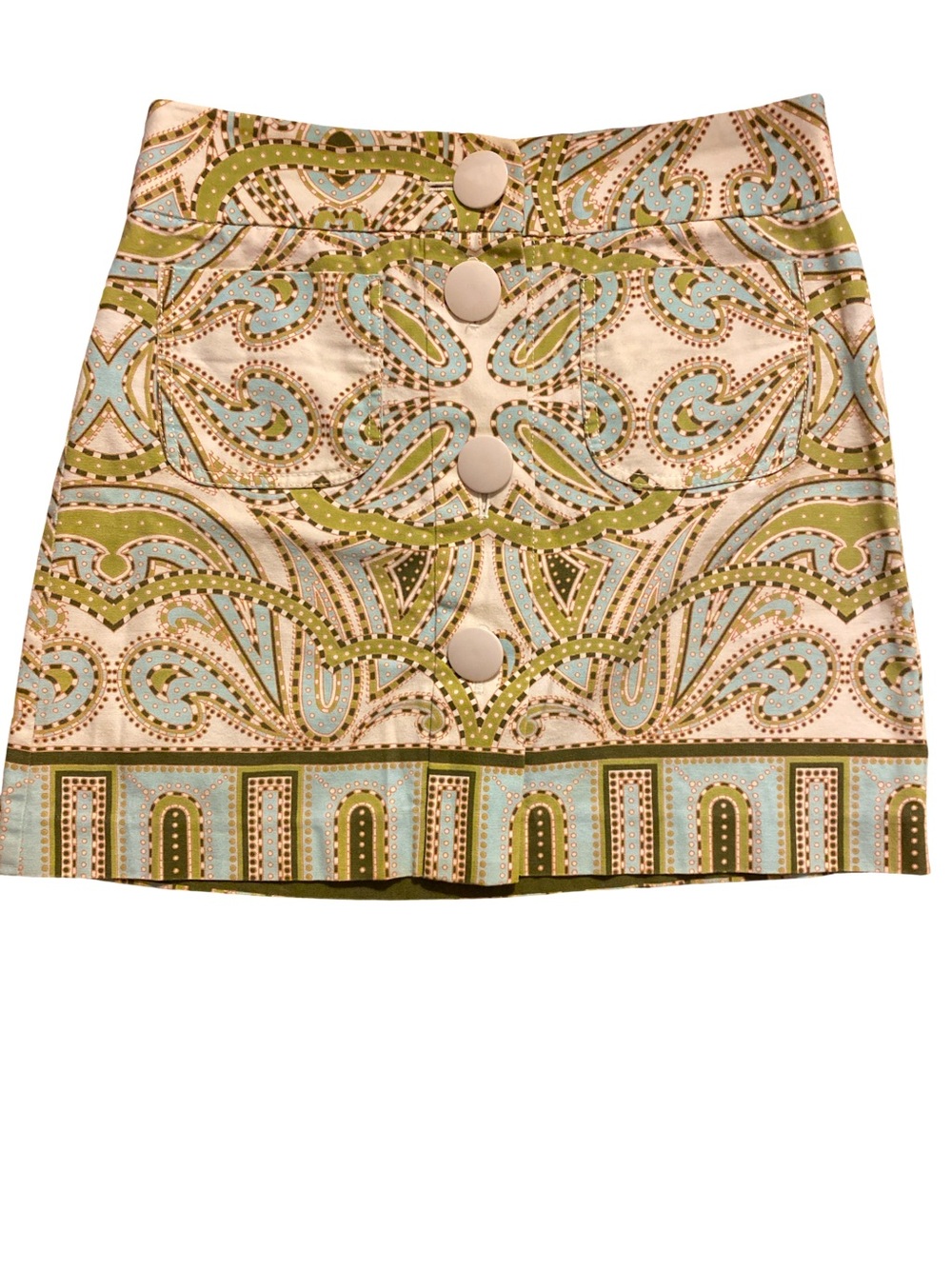 J. Crew Green, Light Blue and Cream Patterned Button-Front Mini Skirt -6